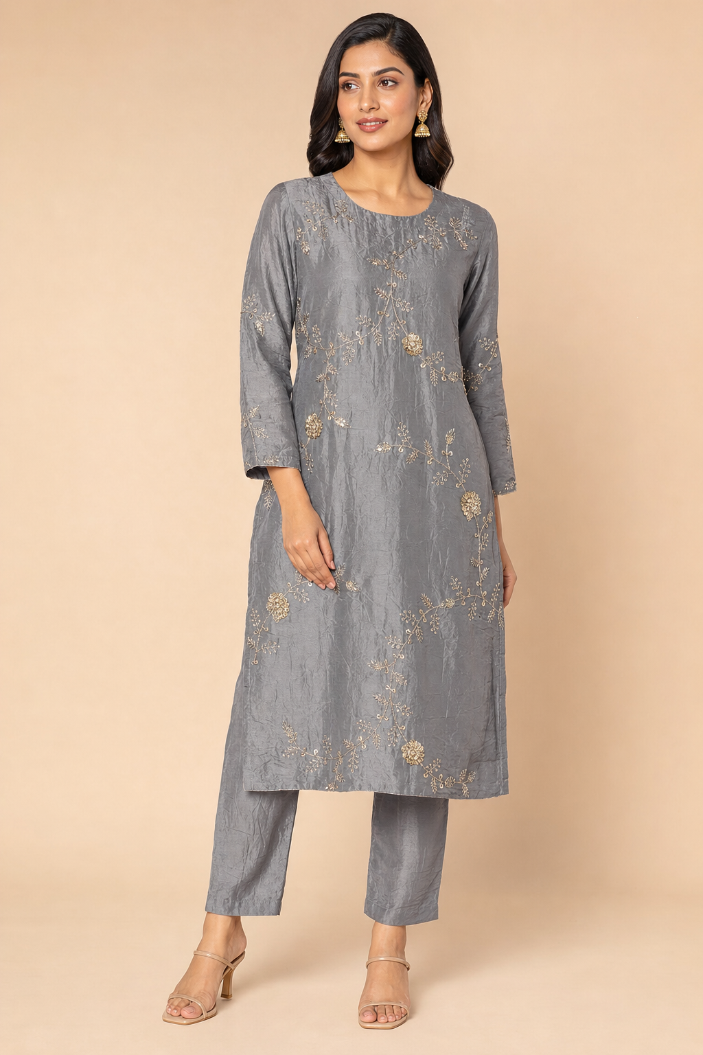 Crepe Sequence Zari Embroidery Grey
