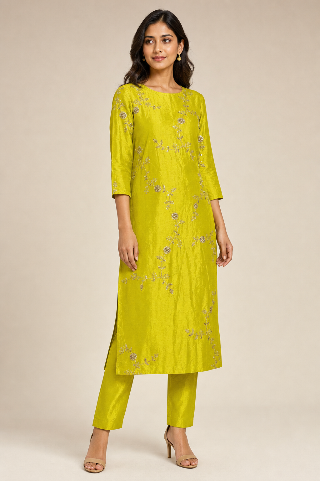 Crepe Sequence Zari Embroidery Lime Green