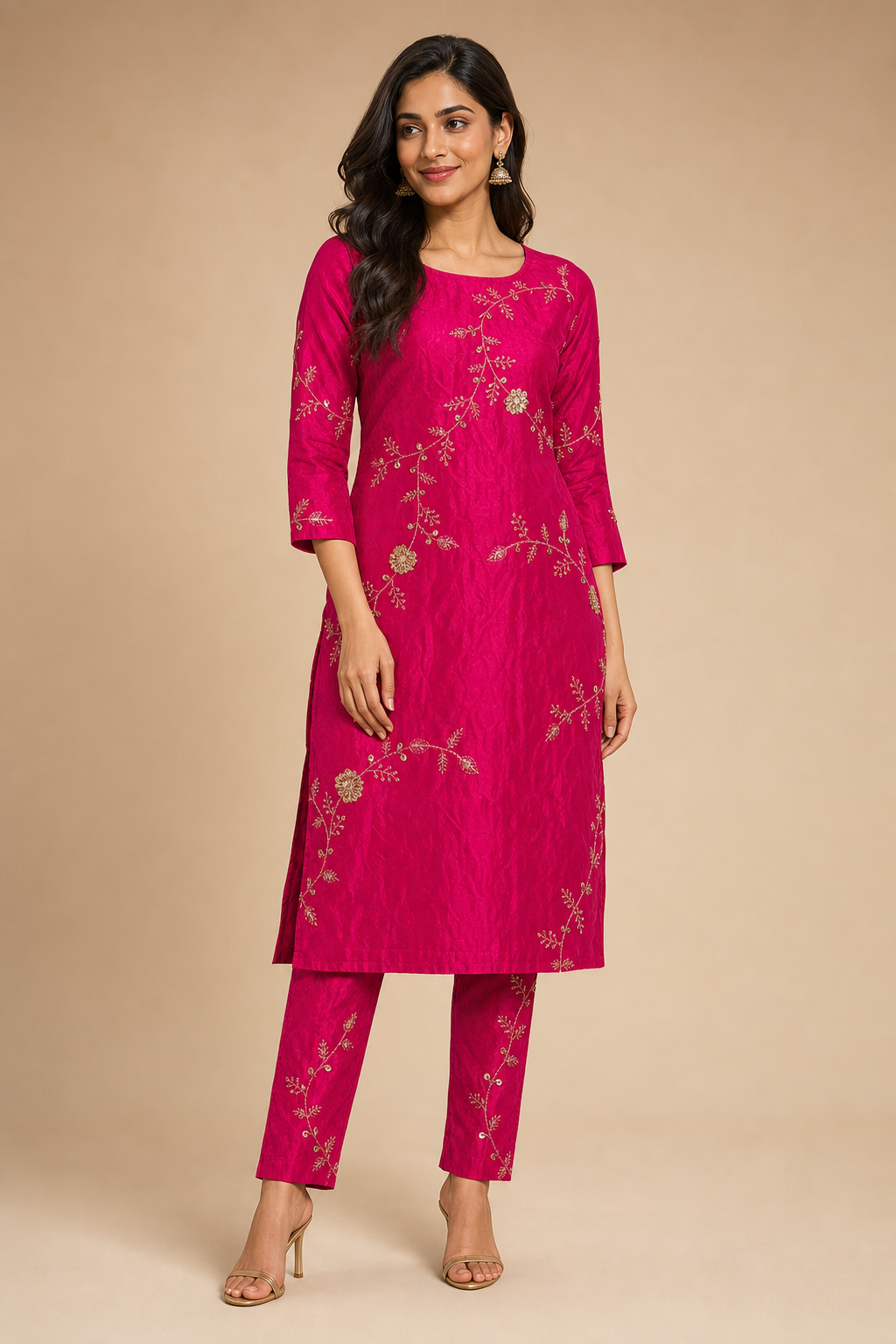 Crepe Sequence Zari Embroidery Magenta