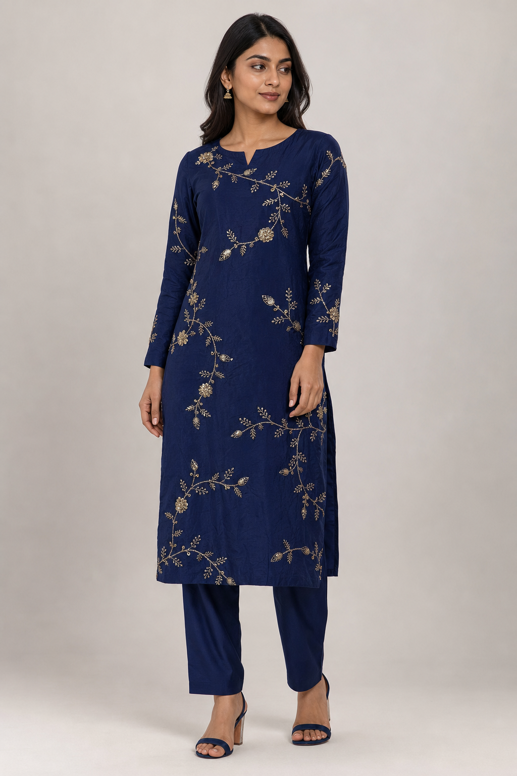 Crepe Sequence Zari Embroidery Navy Blue