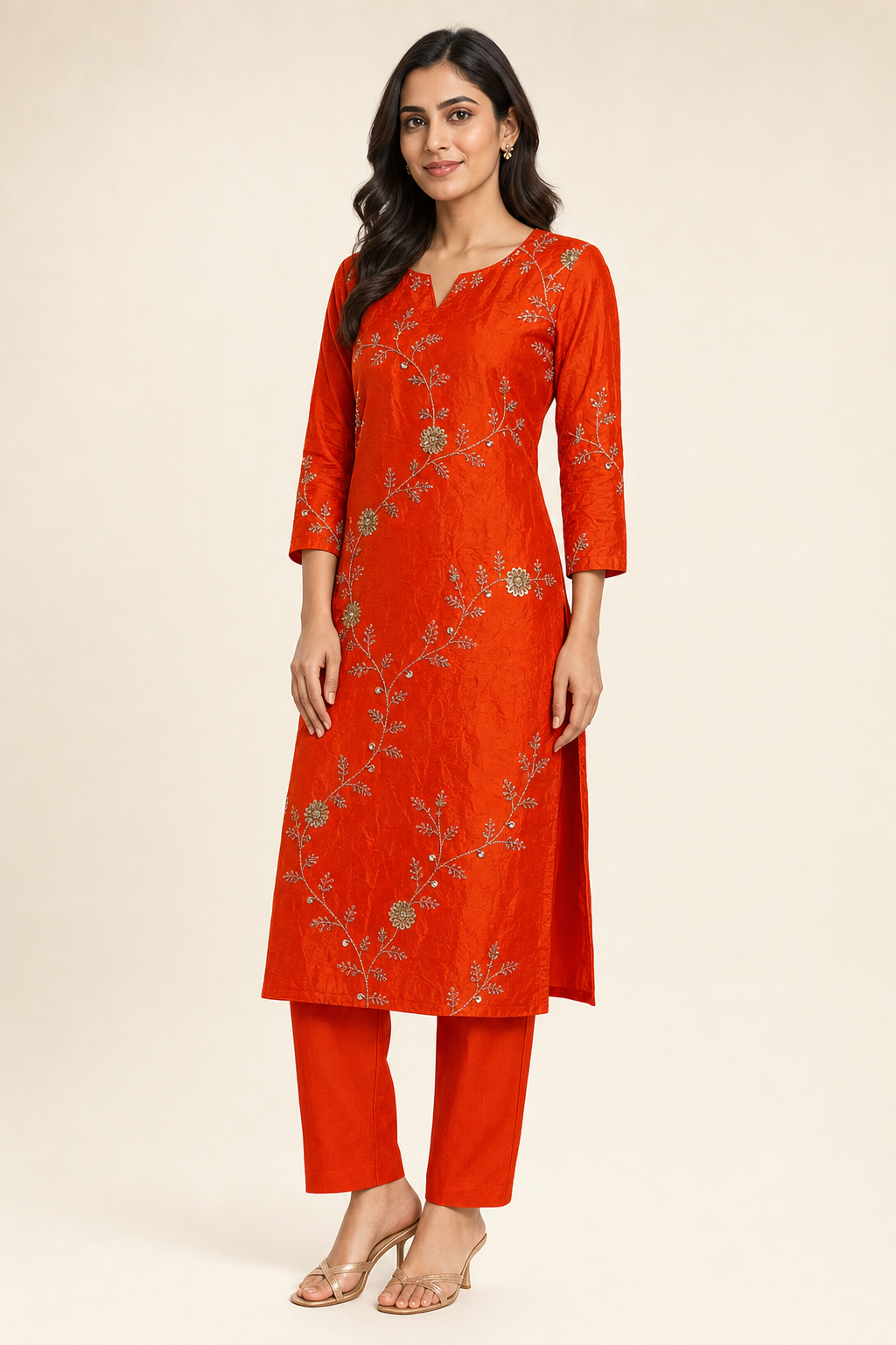 Crepe Sequence Zari Embroidery Orange