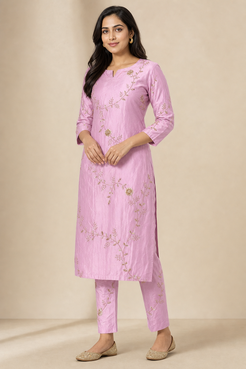 Crepe Sequence Zari Embroidery Pink