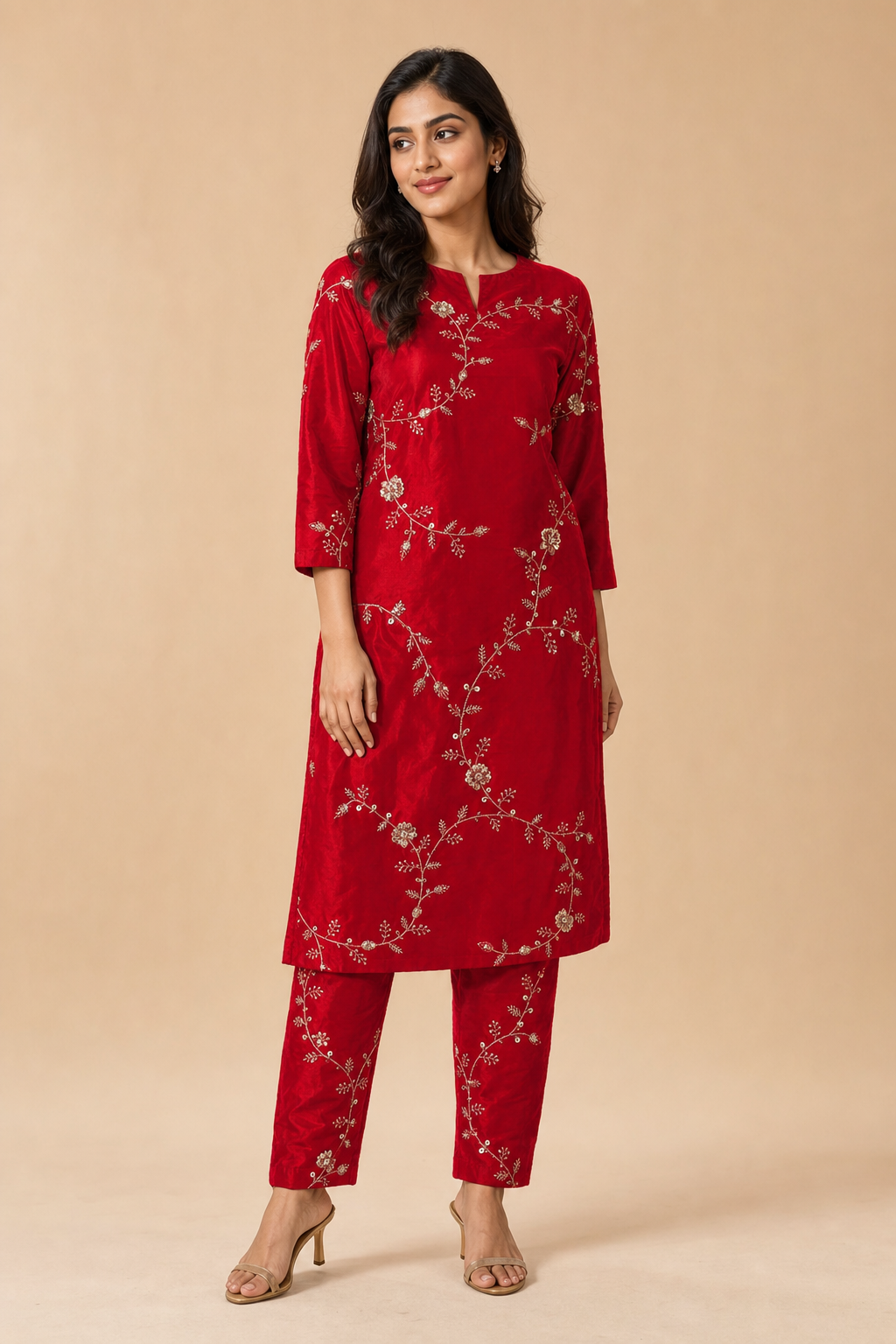 Crepe Sequence Zari Embroidery Red