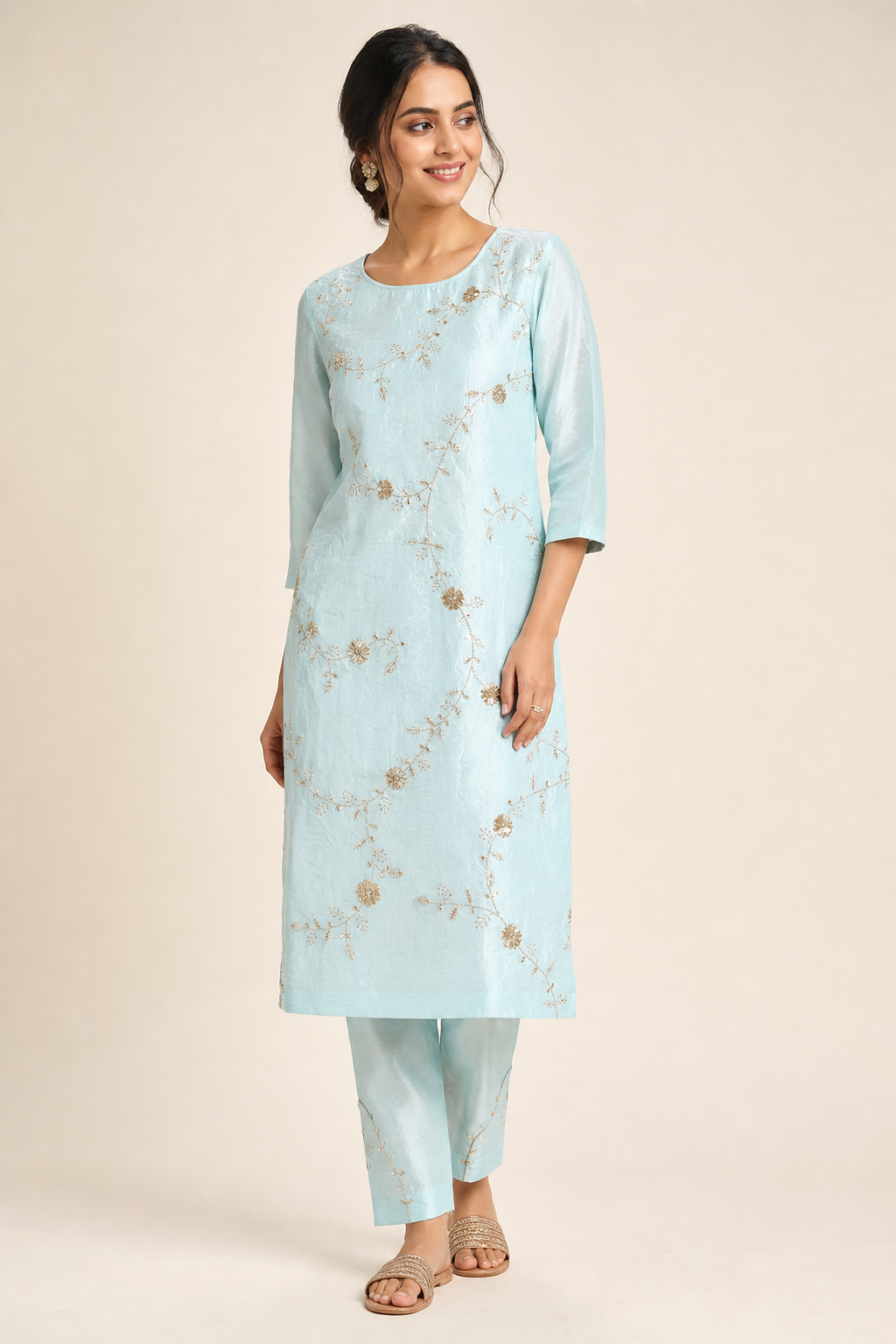 Crepe Sequence Zari Embroidery Turquoise