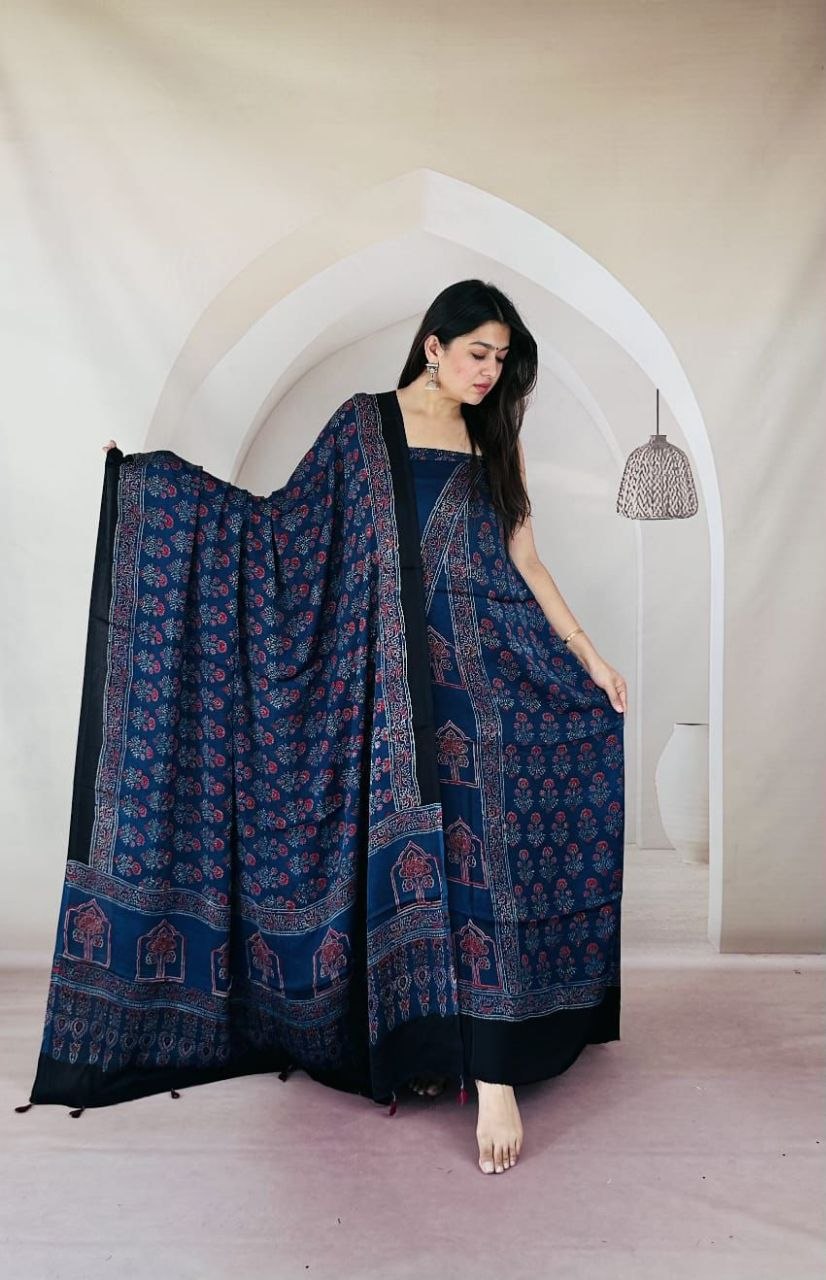Navy Blue Modal Ajrakh Suit 1