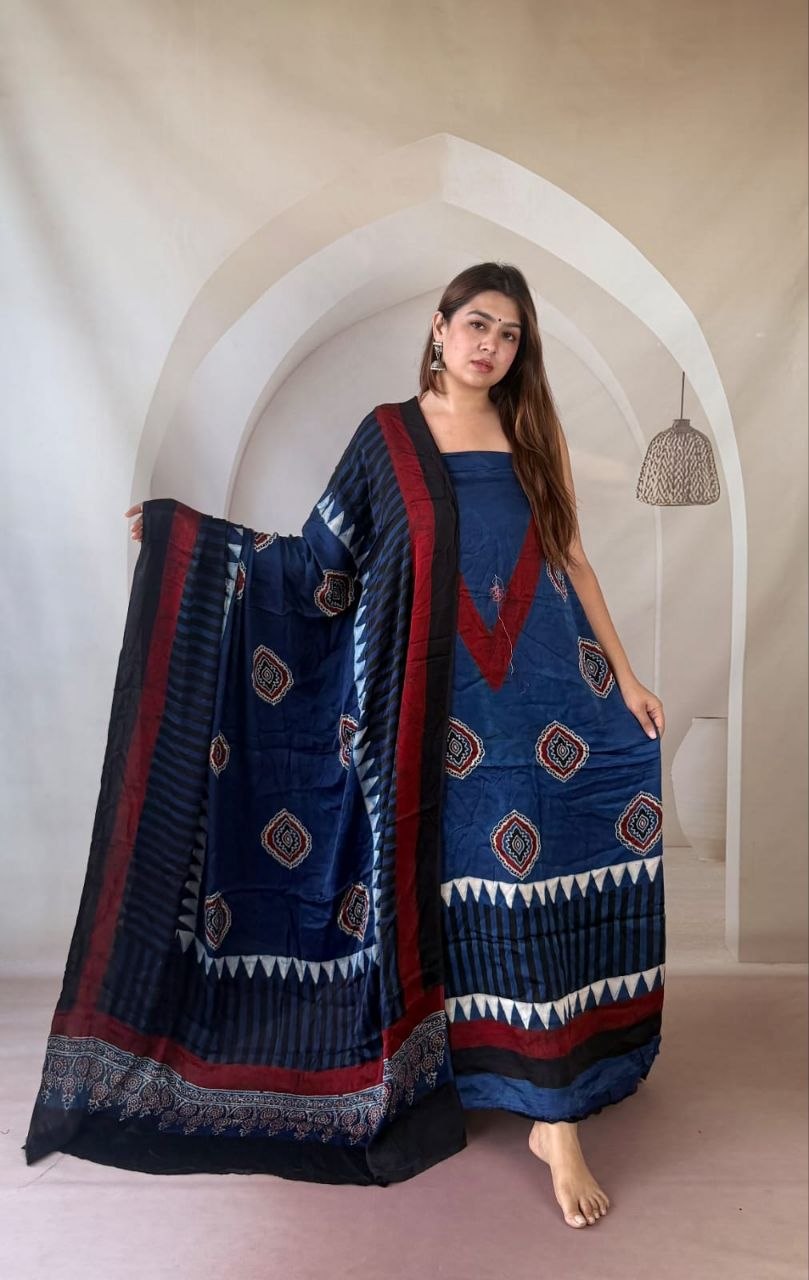 Navy Blue Modal Ajrakh Suit 2