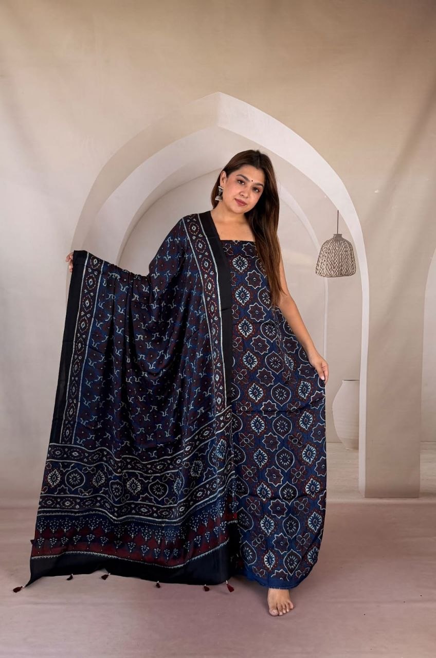 Navy Blue Modal Ajrakh Suit 3