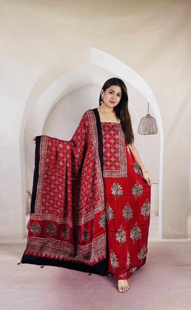 Red Modal Ajrakh Suit 1